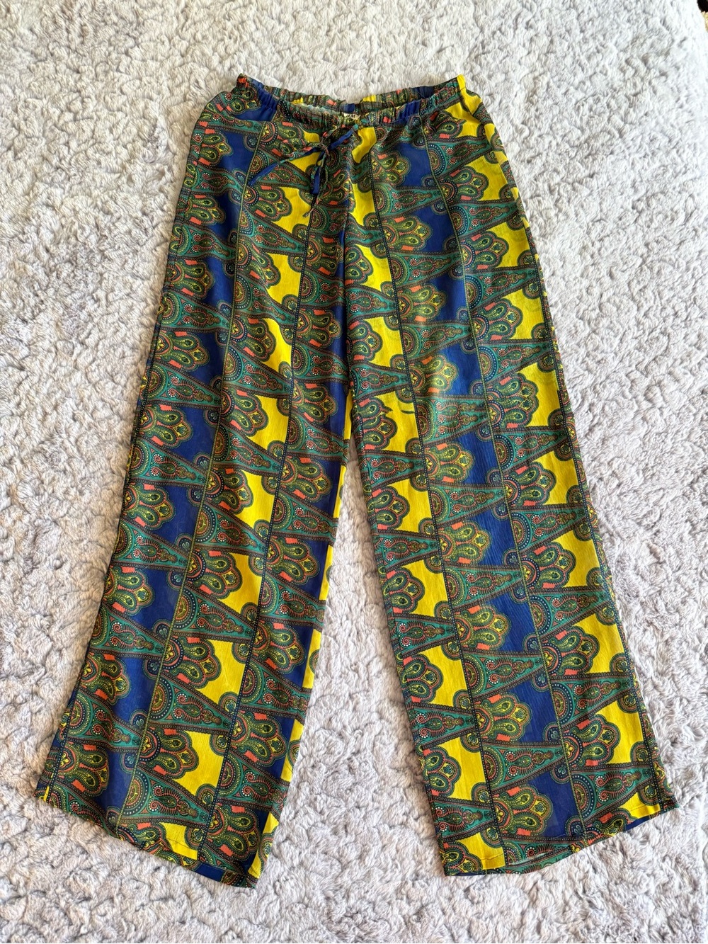 H&M | Sheer Paisley Drawstring Wide-Leg Pants - Yellow, Blue & Green